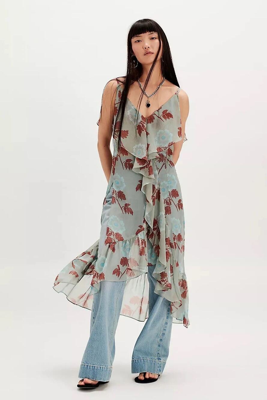 Free People Sunfaded Maxi Top S Sage Floral Ruffle Sheer Boho NWOT